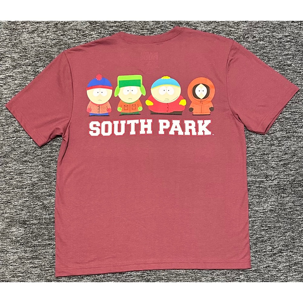 South Park Graphic T-Shirt Mens Medium Maroon Stan Kyle Cartman Kenny SP Logo